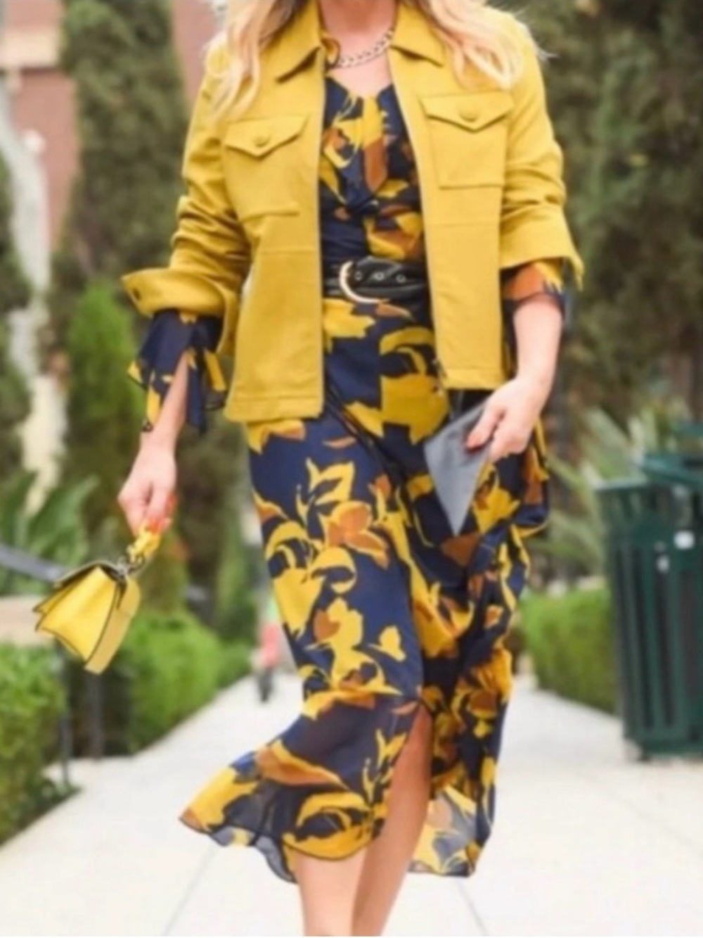 CAbi Midnight Dress Navy & Yellow Floral Midi